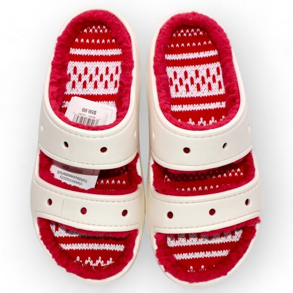 Crocs Classic Cozzzy Unisex Sandals Holiday Sweater Red White Lined New - Picture 9 of 10